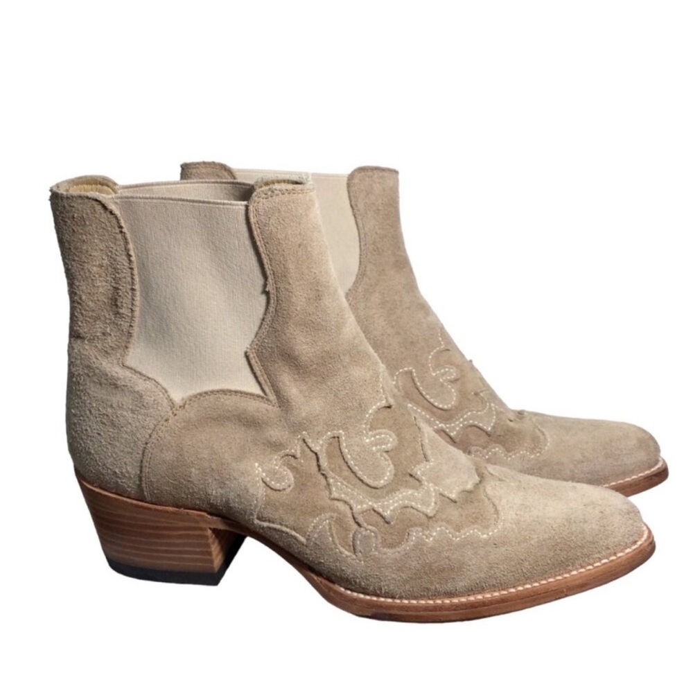 STETSON Short Western Boots Toasted Almond Suede Embroidered Chelsea Bootie - Picture 3 of 8